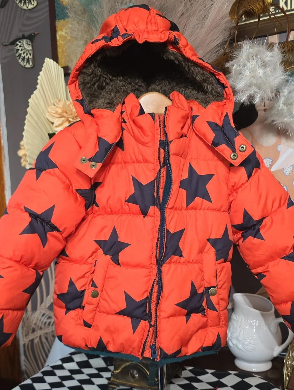Mini Boden Orange Winter Coat Puffer Jacket with Navy Star Print 3 4